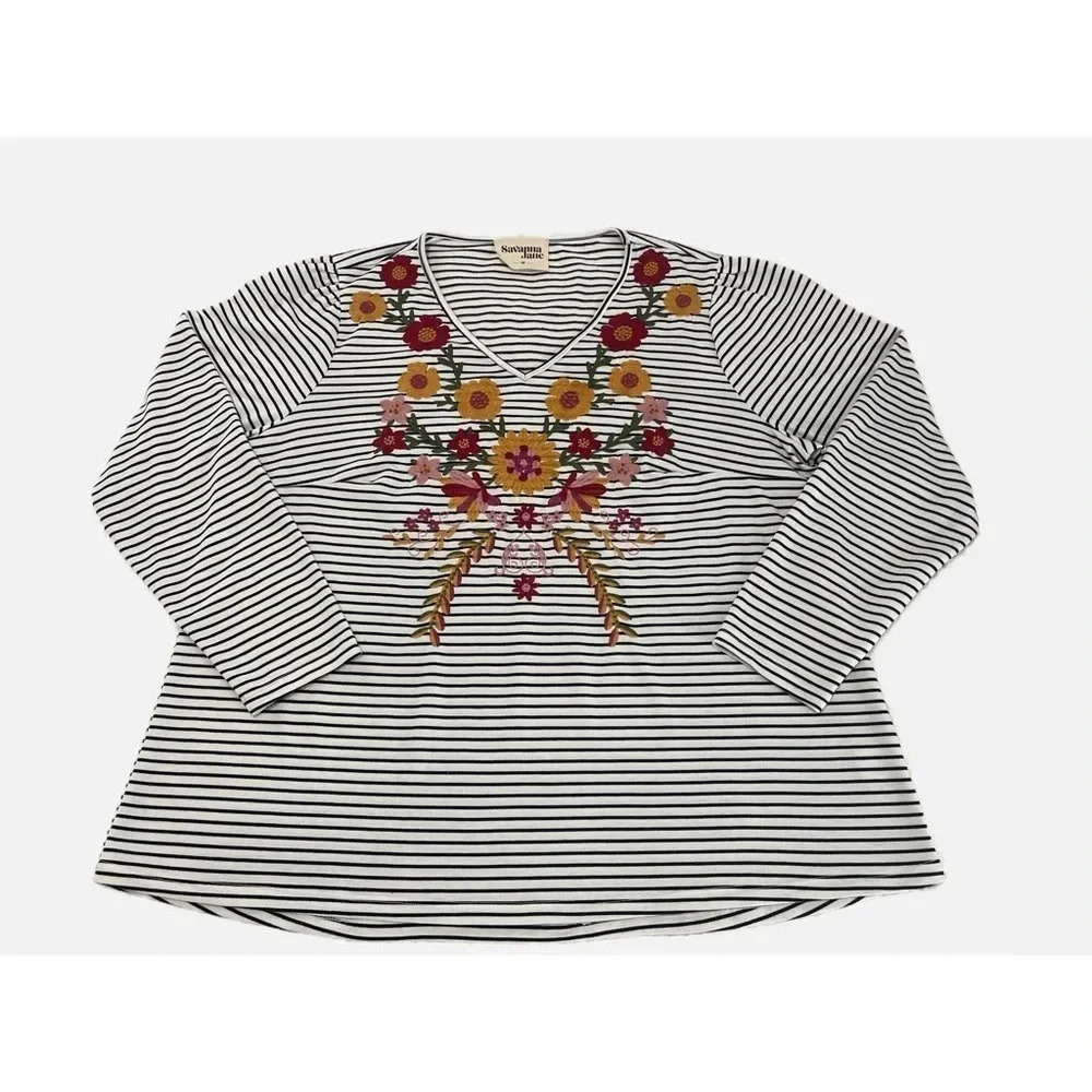 Savanna Jane Top Women’s 1X White Black Striped Floral Embroidered Long Sleeve